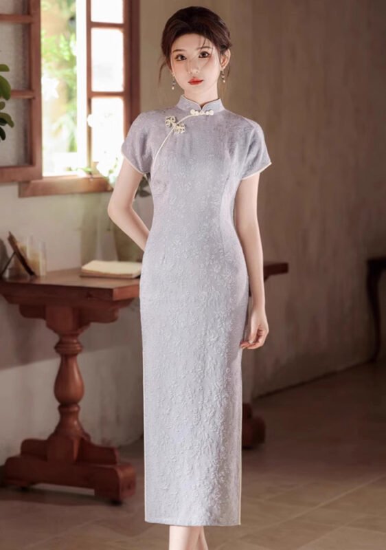 2025 New Style Light Long Grey Cheongsam Dress