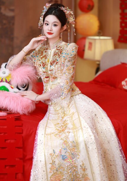 2025 Qun Kwa Bride Champagne Chinese Wedding Dresses