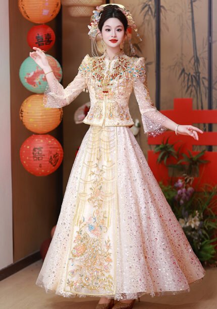 2025 Qun Kwa Bride Champagne Chinese Wedding Dresses