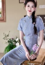 Charming Light Blue Chinese Cheongsam Delicate Floral Embroidery