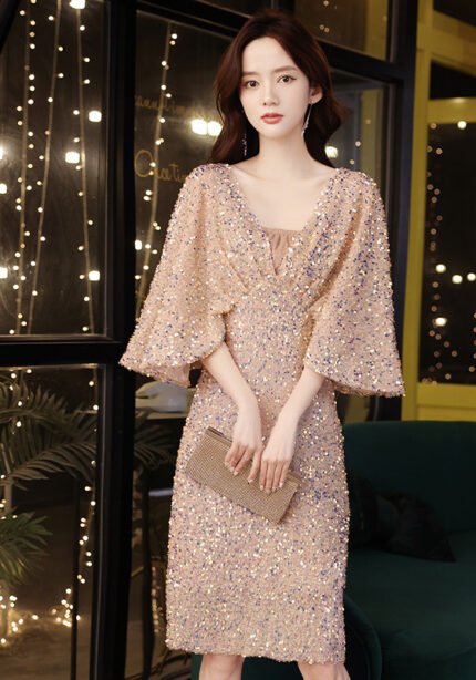 Golden Pink Sequined Cocktail Dress V-Neck & Flared Sleeves
