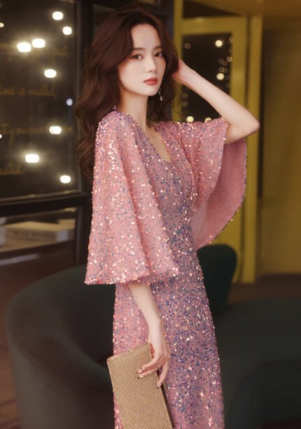 Golden Pink Sequined Cocktail Dress V-Neck & Flared Sleeves