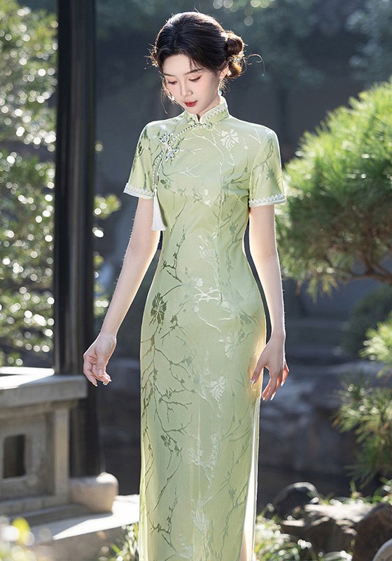 Light Green Floral Embroidery Modern Elegance Cheongsam - Qipao Cheongsam  Dresses Official Online Store