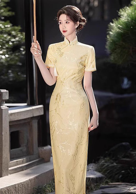 green emerald velvet dress Gold Pink Long Cheongsam Qi Pao Prom Dress