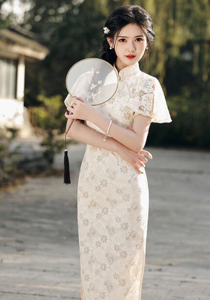 Lace Flutter Sleeve Round Collar Casual Modernized Qipao Dress