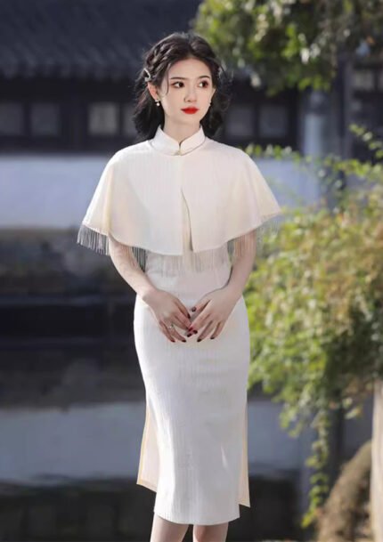 Elegant White Cheongsam with Fringed Cape