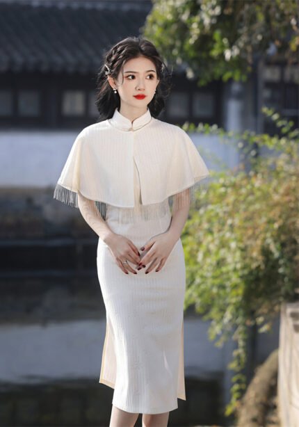 Elegant White Cheongsam with Fringed Cape