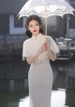 Elegant White Cheongsam with Fringed Cape