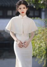 Elegant White Cheongsam with Fringed Cape