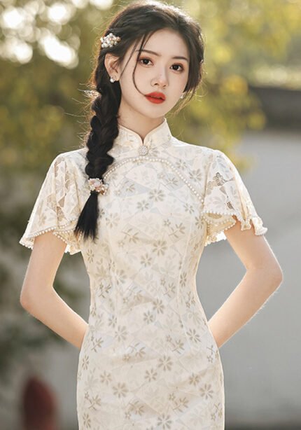 Lace Flutter Sleeve Round Collar Casual Modernized Qipao Dress