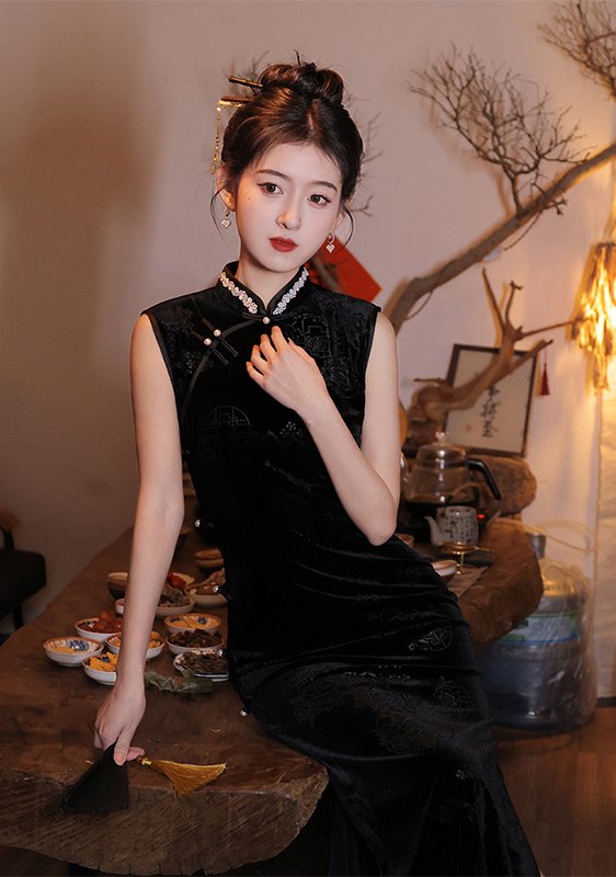 Black Cheongsam Dress Modern Elegant Summer Qipao
