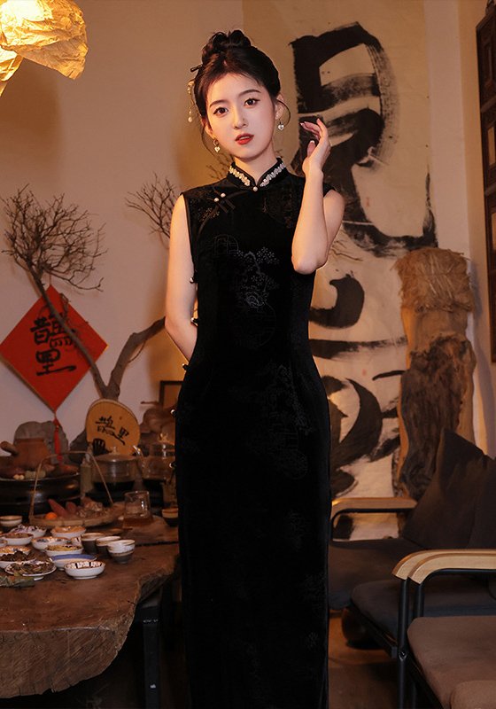 Black Cheongsam Dress Modern Elegant Summer Qipao