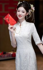 Bridal-Inspired White Lace Cheongsam Dress