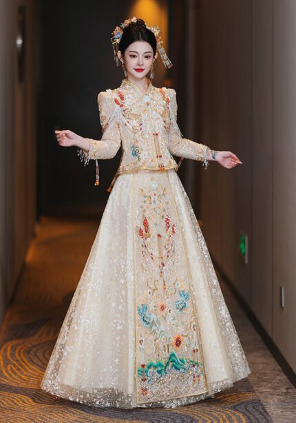 Champagne Qun Kwa Wedding Dresses With Floral Embroidery