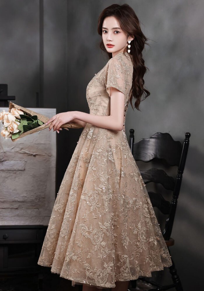 Charming Champagne Lace Cocktail Dress