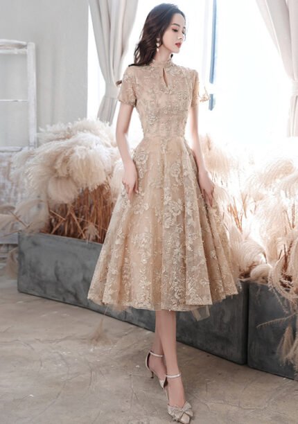 Charming Champagne Lace Cocktail Dress