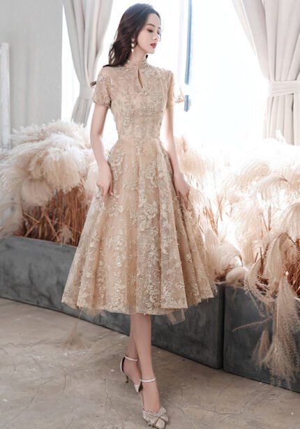 Charming Champagne Lace Cocktail Dress