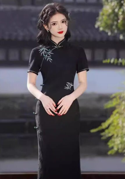 Classic Black Chinese Cheongsam with Bamboo Embroidery