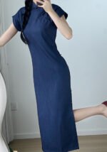 Classic Navy Blue Mandarin Collar Cheongsam