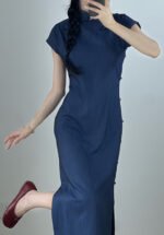 Classic Navy Blue Mandarin Collar Cheongsam