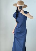 Classic Navy Blue Mandarin Collar Cheongsam