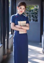 Classic Navy Blue Qipao Exquisite Traditional Chinese Dress