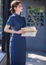 Classic Navy Blue Qipao Exquisite Traditional Chinese Dress