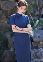 Classic Navy Blue Qipao Exquisite Traditional Chinese Dress