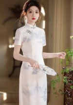 Elegant Cream White & Blue Chinese Cheongsam Dress Traditional Ink-Wash Print