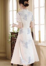 Elegant Cream White & Blue Chinese Cheongsam Dress Traditional Ink-Wash Print