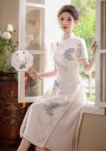 Elegant Cream White & Blue Chinese Cheongsam Dress Traditional Ink-Wash Print