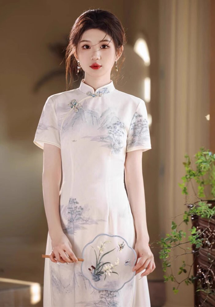 Elegant Cream White & Blue Chinese Cheongsam Dress Traditional Ink-Wash Print