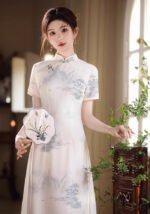 Elegant Cream White & Blue Chinese Cheongsam Dress Traditional Ink-Wash Print