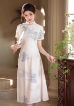 Elegant Cream White & Blue Chinese Cheongsam Dress Traditional Ink-Wash Print