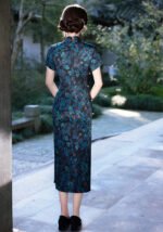 Elegant Floral-Print Long Navy Cheongsam Dress