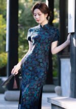 Elegant Floral-Print Long Navy Cheongsam Dress