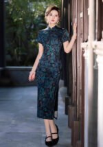 Elegant Floral-Print Long Navy Cheongsam Dress
