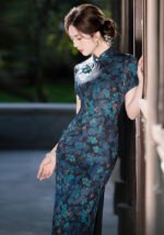 Elegant Floral-Print Long Navy Cheongsam Dress
