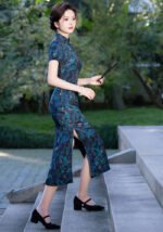 Elegant Floral-Print Long Navy Cheongsam Dress