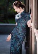 Elegant Floral-Print Long Navy Cheongsam Dress