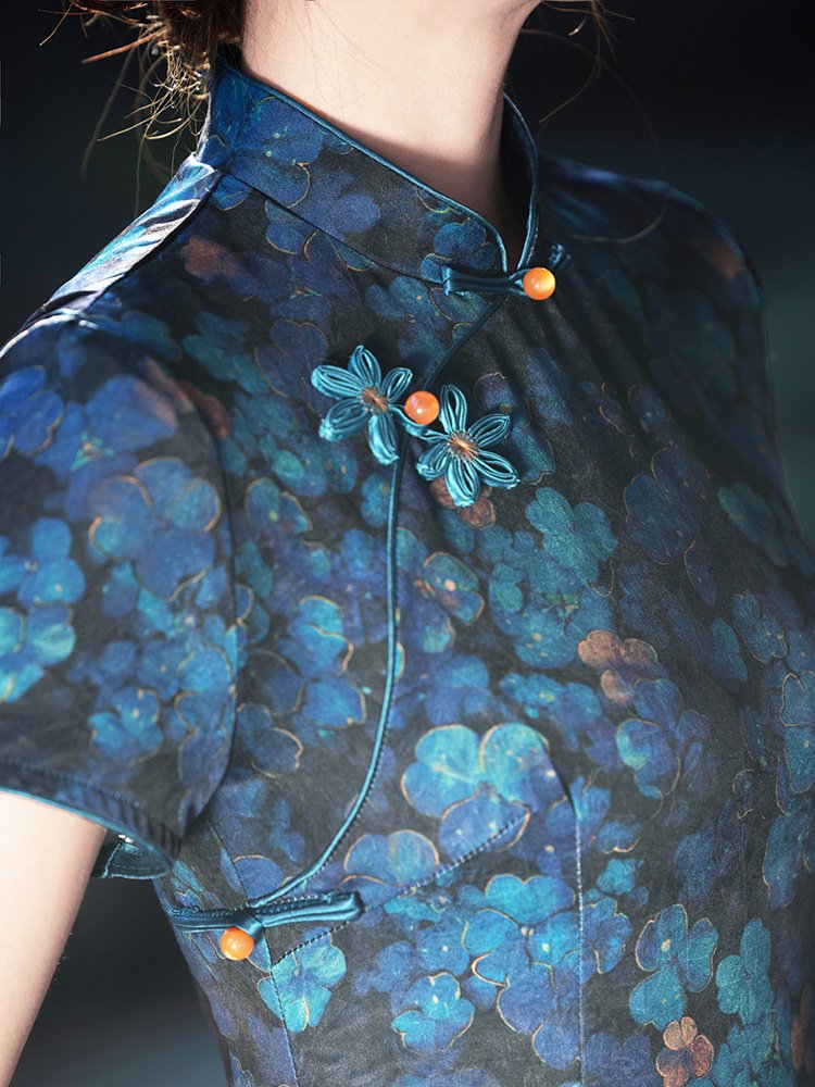 Elegant Floral-Print Long Navy Cheongsam Dress