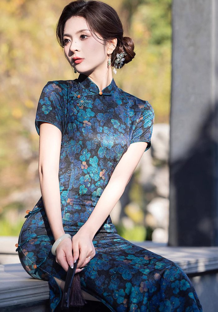 Elegant Floral-Print Long Navy Cheongsam Dress