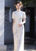 Elegant Ivory Mid-Length Cheongsam Embroidery Dress