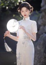 Elegant Ivory Mid-Length Cheongsam Embroidery Dress