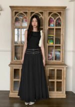 Elegant Sleeveless Black Maxi Dress with Studded Waistband