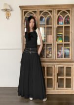 Elegant Sleeveless Black Maxi Dress with Studded Waistband