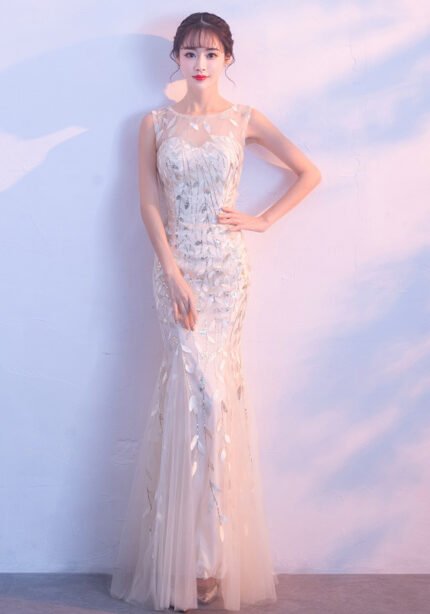 Elegant Sleeveless Mermaid Evening Gown Leaf Inspired Embroidery