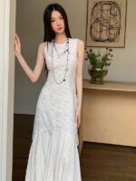 Sleeveless White Embossed Midi Dress Flowy Ruffled Hem
