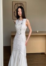 Sleeveless White Embossed Midi Dress Flowy Ruffled Hem