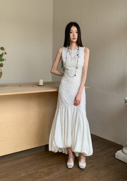 Sleeveless White Embossed Midi Dress Flowy Ruffled Hem